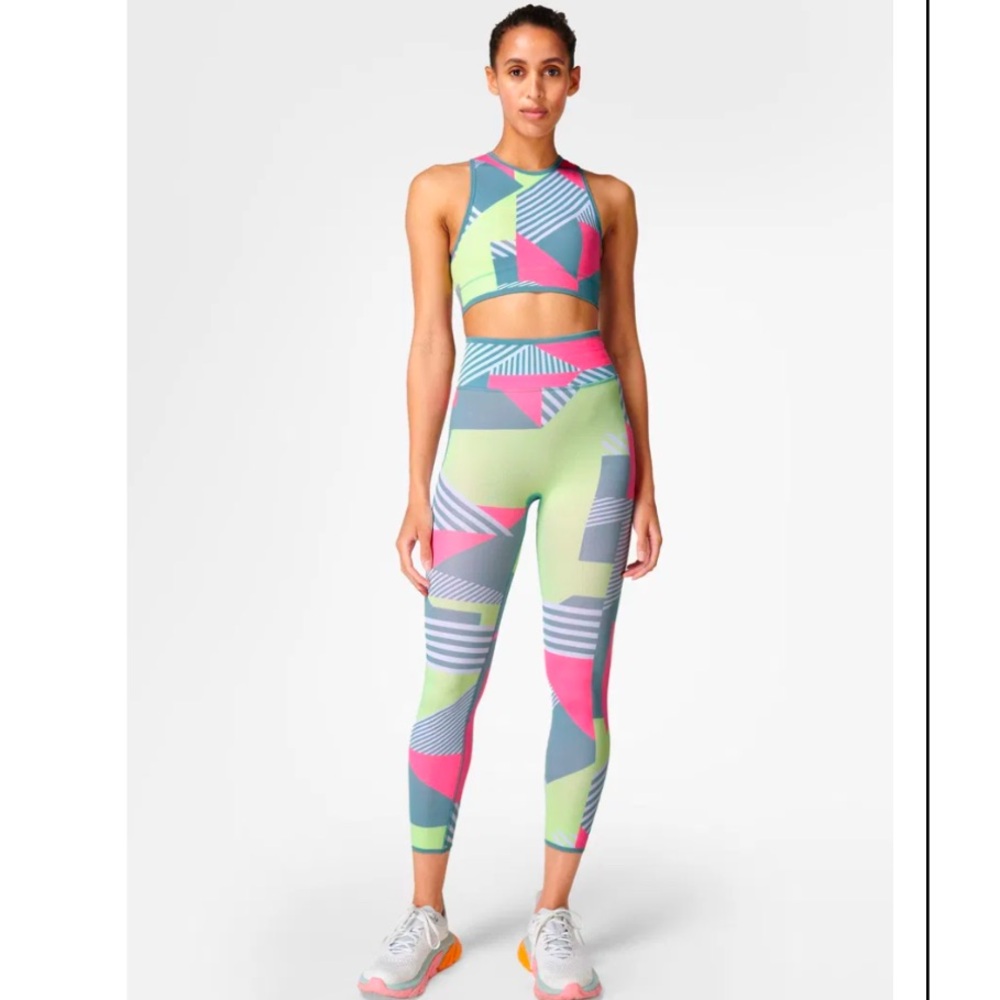 Sweaty Betty Interval High Waisted 7/8 Leggings- PINK BLOCK PRINT